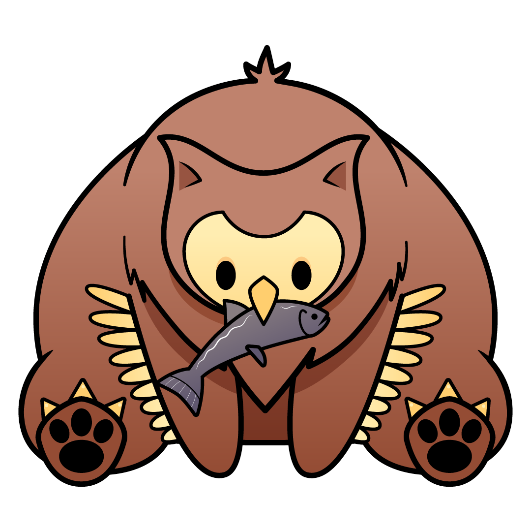 Image of a brown owlbear, catching a fish in its beak.
